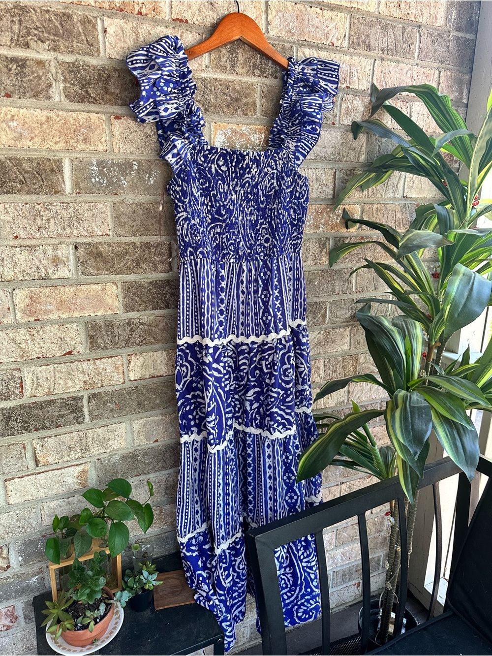 Blue tiered Patterned Ruffled Strap Smocked Maxi Women's Dress